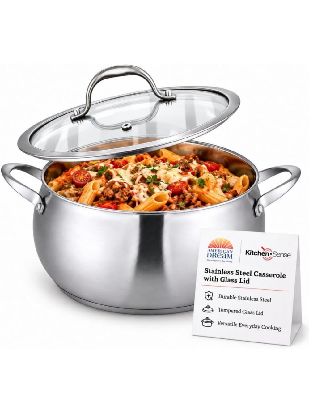 6QT Stainless Steel Casserole Pot with Tempered Glass Lid - Durable & Stylish